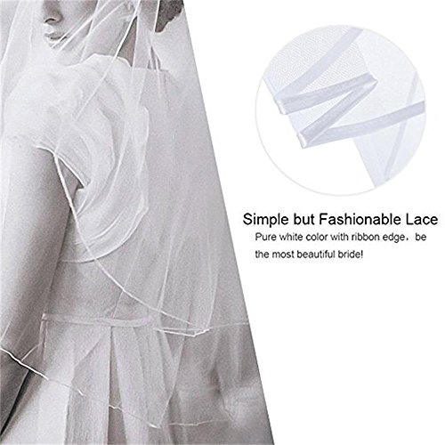 LYDIAGS Kathedrale Hochzeit Brautschleier Satinkante mit Kamm, Ellenbogen-Länge Schleier (Weiß) - 3