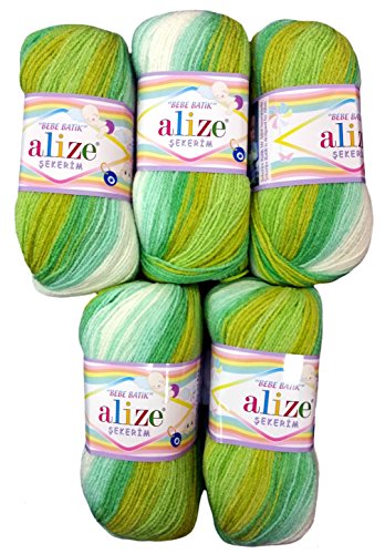 5 x 100g Babywolle Bebe Batik grün mint gelb weiß Nr. 4788, 500 Gramm Wolle zum Stricken und Häkeln