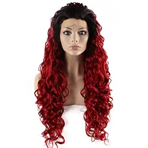 Mxangel Long Curly Dark Root Ombre Red Wig Heat Friendly Fiber Lace front Cosplay Wig