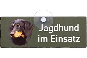 WILDE HILDE ORIGINAL Autoschild - Jagdschild mit Saugnapf "Jagdhund im Einsatz" aus Aluminiumverbundmaterial, UV- & Witterungsbständig, formstabil, 18 x 6.5 cm - MADE IN GERMANY (Slovenský Kopov - Schwarzwildbracke)