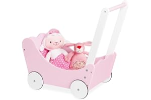 PINOLINO Puppenwagen Jasmin Komplettset, 4-tlg., Rosa & Weiß, Inkl. Bettzeug, Gummierte Räder, MDF, Für Kinder ab 3, Ideal als Geschenk