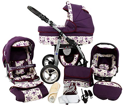 SaintBaby Kinderwagen Komplettpaket 3in1 2in1 Buggy Autositz Babywagen Neu Lila Eule 3in1 mit Babyschale
