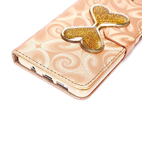 Galaxy J3 2016 Schutzhülle,Galaxy J3 2016 Hülle,Galaxy J3 Hülle,Ukayfe Cool 3D Schwimmend Treibsand Flüssige Fließend Wasser Glitter Glitzer Glanz Sparkle PU Leder Tasche Handyhülle Liebe Herz Muster Flip Cover Wallet Brieftasche Folio Tasche Hüllen Handycover Schutz Cases Etui Lederhülle Handytasche mit [Ständerfunktion] und [Kartenfächer] für Samsung Galaxy J3 2016 & 1 x Schwarz Eingabestift, Gold - 5