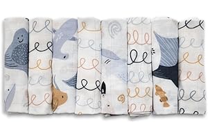 FUNNABABY SWEET LITTLE THINGS Muslin Burp Cloth Set, Premium 8-Pcs, 30x30cm, 100% Pure Cotton, Two Layers, Oeko-Tex Certified, Machine Washable, Ultra-Soft, Newborn, Easy Drying Two Unique All-Over Print Designs (Atlantico)