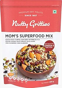 Nutty Gritties Mixed Nuts Dry Fruits Moms Superfood Trail Mix - Roasted Almond, Pumpkin, Sunflower, Watermelon, Flax, Raisins, Black Currant, Cranberries, Blueberries - Healthy Snack Approved by Mothers, 200g