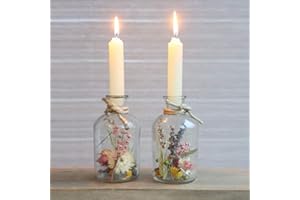 COMFORDER Trockenblumen im Glas mit Kerzen, Trockenblumen Set mit Vase, 2 Stück, getrocknete Blumen deko, Flaschen Kerzenhalter mit ewige Blumen, Geschenke für Frauen (Creme)