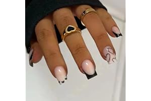 Goiern 24 szt. French Tip Press on Nails krótkie kwadratowe sztuczne paznokcie krótkie, czarne, akrylowe paznokcie z białym wzorem w kształcie serca, przyklejanie do paznokci, sztuczny klej na wysoki