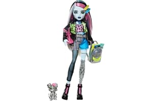 Monster High Frankie Stein Lalka w dżinsowej kurtce i szortach z figurką pieska Cotoś i akcesoriami, takimi jak plecak, „przekąska” i notatnik, HXH73