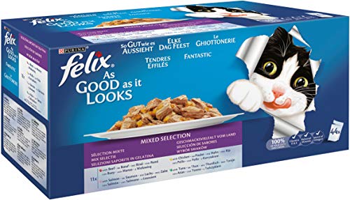 Felix Ghiott - Nourriture pour Chat en Multi-Pack - Sélection Mixte buf/Poulet/Saumon/Thon - 44 portions de 100 g