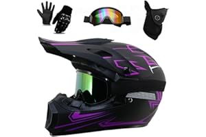 GDAONUDK Casque IntéGral de Moto éLectrique Pour Jeunes Adultes, Pour Quad, Bmx, Vtt, Tout-Terrain, Avec Lunettes, Gants, Masque, Homologué DOT(226 purple phantom,M(56-57CM))