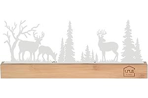 UNUS Aufsteller Hirsch Wald Silhouette Deko aus Bambusholz und Metall Moderne Tisch- und Fensterdeko mit 3 Hirschen und Bäumen Weiß