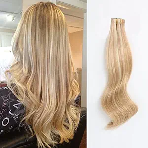 ABH AmazingBeauty Hair Pre-taped 50g 20pcs Real Remy Human Hair Blonde Highlights Tape-in Extensions Skin Weft, Invisible, Seamless, Dark Dirty Blonde with Platinum Ash Blonde P12-60, 20 Inch