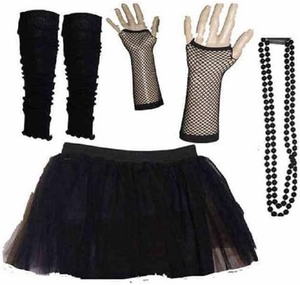 RB Fashion Clothing Four Peice Adult Womens 8-14 Black Tutu set Tutu Legwarmers Fishnet Gloves Beads 80s Fancy Dress Costume