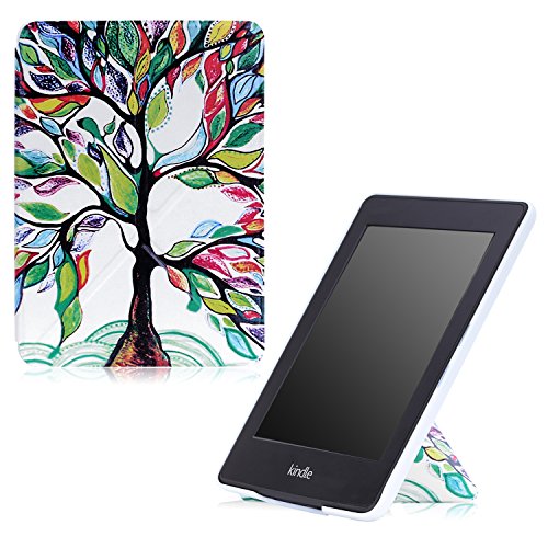 MoKo Kindle Paperwhite Hülle - Kunstleder Origami Ständer Schutzhülle Smart Cover mit Auto Sleep / Wake für Alle Kindle Paperwhite (2016 / 2015 / 2013 / 2012 Modell mit 6 Zoll Display), Glück Baum