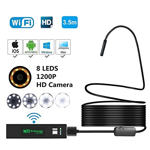 Endoscopio wireless WiFi,Cavo semirigido 1200P e 2.0 Megapixel HD Telecamera di ispezione per periscopio impermeabile con 8 LED regolabili,Telecamera obiettivo per Android IOS Smartphone,Wnidows,PC