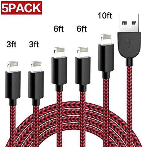 Lightning Cable, WUXIAN iPhone Cable 5-PACK [3/3/6/6/10 ft] Extra Long Nylon Braided Cable Compatible with iPhone X/8/8 P/7/7 Plus/6/6 Plus/6s/6s Plus/5/5s/5c/se-Black and Red