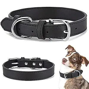Qpets? Hand Sewing Dog Collar Super Light PU Leather Dogs Neck Belt Adjustable Pet Dog Leash Dog Harness for Puppy for Small Medium Large Dogs Dog Belt (1pcs Color:Black Size:M)