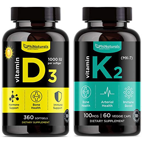 Phi Naturals Vitamin D3 & K2 Pack, Sunshine Vitamin for Immune and Mood Support, Support Bone Health Heart Teeth Made in USA