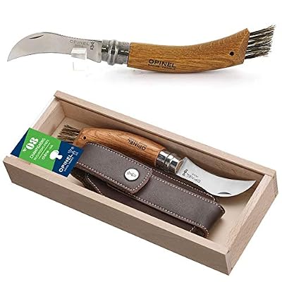 OPINEL - N°08 Champignon Manche Chêne & Étui Outdoor Brun - Couteau OPINEL Brosse Poil de Sanglier - Couteau Champignons en Acier Manche Bois - Coffret OPINEL Couteau de Poche Lame Inox 8 cm