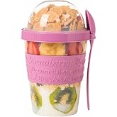 Renkli Take and Go Kaşıklı Hazneli Meyveli Yoğurt Kabı Piknik Iş Atıştırmalık Diyet M&uuml;sli Granola S&uuml;t Bardağı (Pembe)