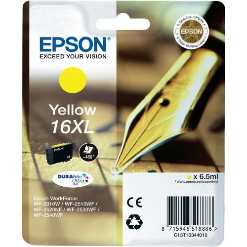 1 x Cartouche d'encre d'origine pour EPSON WorkForce WF-2520NF, C13T16344010 –/jaune