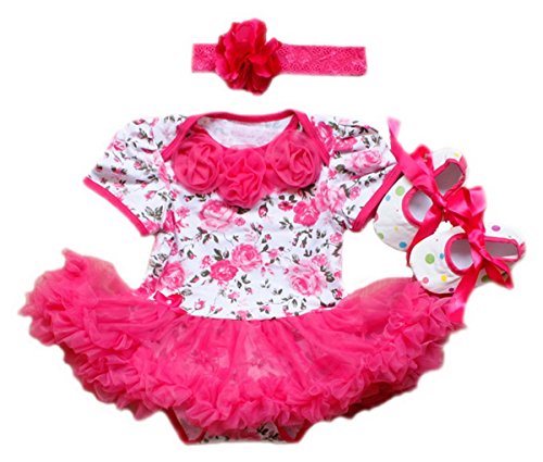 TANZKY® Baby Girls' Pink Roses Princess Short Sleeve Tutu Dress 3Pcs Headband Shoes Dress(3~6months)