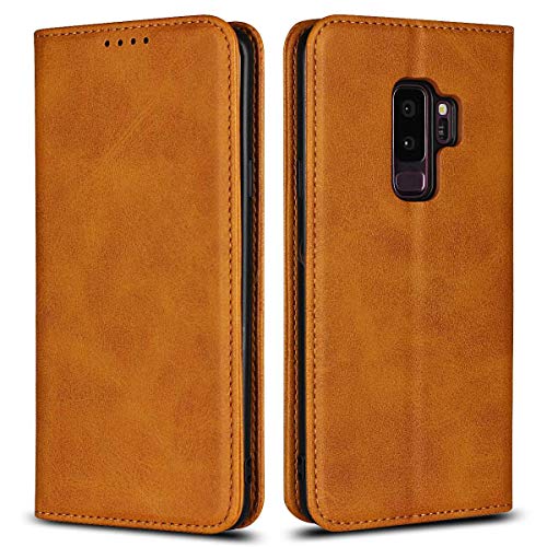 DENDICO Funda para Samsung Galaxy S9 Plus, Carcasa Plegable Cartera Piel Premium, Carcasa de Cuero diseñada con Cartera, Cierre Magnetico y Soporte Integrado - Marrón Claro