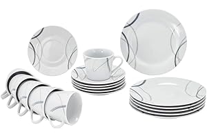‎LEVEL ONE LevelOne | Kaffeeservice für 6 Personen |18 tlg Geschirrset in Weiß aus Porzellan blau grau, Kaffeetasse & Untertasse in Weiß mit blau-grauer Verzierung