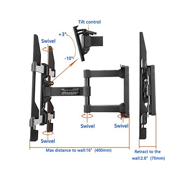 TV Wall Bracket, Tilt Swivel Dual Arm TV Mount Max.VESA 600x400mm for 37-70 Inch LED LCD Plasma Flat& Curved Screens up to 60kg, Includes 1.8m HDMI Cable, Bubble Level,Cable Ties - Image 3