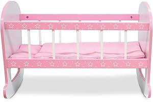 TEOREMA GIOCATTOLI Teorema Giocttoli, Culla per Bambole Rosa a Dondolo, Lettino Giocattolo in Legno con Materassino e Cuscino, Culla Bambini Giocattolo Decorata con Stelle