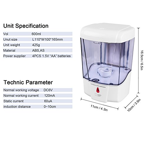 Seifenspender Wandmontage Automatische IR Sensor Seifenspender Automatische Berührungsloses Küche Seife Lotion Pumpe für Küche Badezimmer batteriebetrieben 600 ml - 4