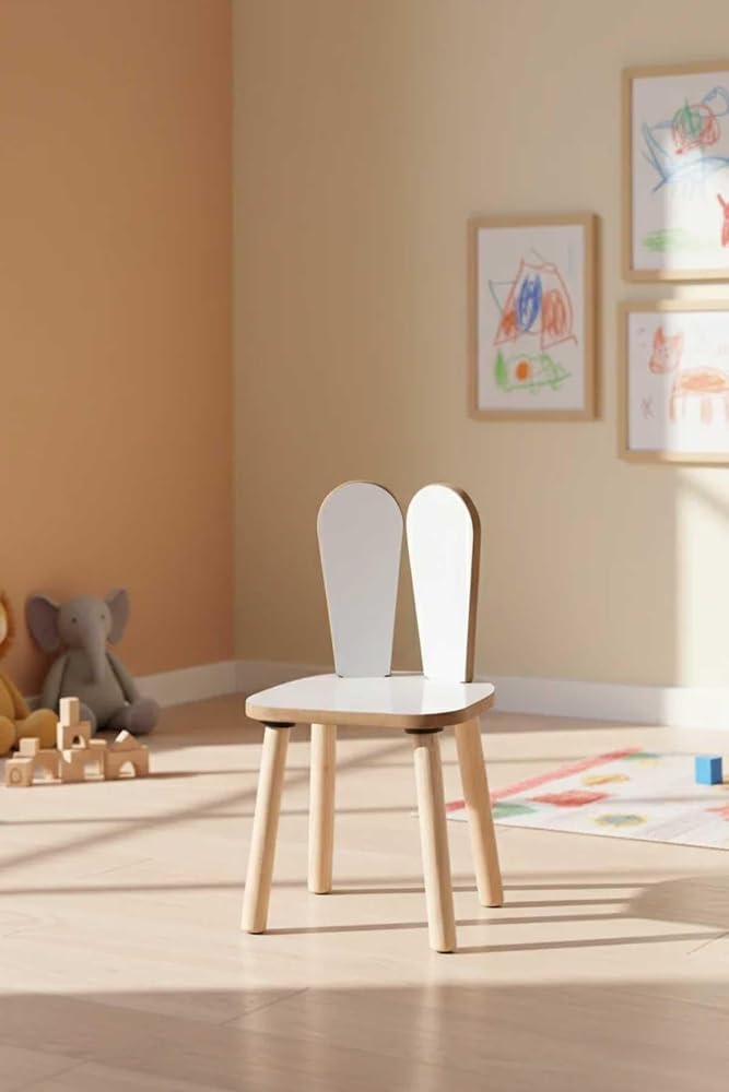 Reyo Montessori Çocuk Odası Tavşan Kulak Tasarımlı Ahşap Sandalye, Beyaz