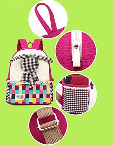 Moolecole Cartoon 3D Rabbit Doll Kids Kindergarten Backpack Canvas Toddler Girls Nursery School Bag Bookbag Rose Red