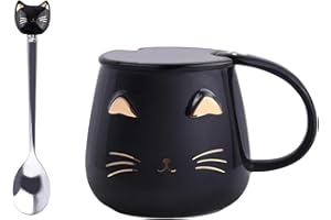 AMZPDD Tazza in ceramica adorabile con coperchio, disegno di un gatto, cucchiaio con zampa di gatto, sottobicchiere kawaii. Perfetta per caffè, tè, latte, 400ml, ottimo regalo di Natale (Nero)