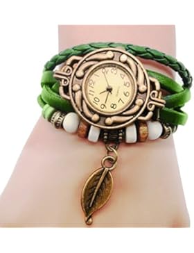 Cuitan Damen Armbanduhr Armreif, Retro Leder Geflochten Wickelarmband mit Baumblatt Anhänger Uhren Zeiger Quarzwerk...