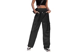 PASUDA Pantaloni Cargo Donna Y2K Pantaloni Larghi Dritti Vita Alta Casual Pantalone Elastico in Vita Pantaloni Donna Comodi Cotone con Tasche Laterali e Coulisse