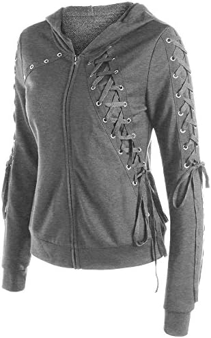 YTJH Women Hoody Sweatshirt Zip Up Lace Up Long Sleeve Coat Pullover Jacket For Autumn Winter Spring - Gray