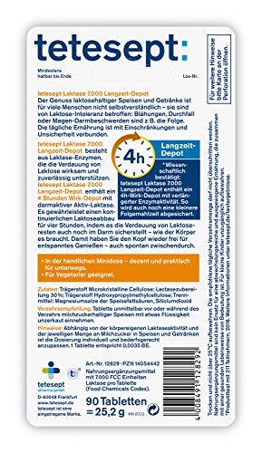 tetesept Laktase 7.000 Langzeit-Depot – Mit 4 Stunden Langzeit-Depot - kontinuierlicher Laktoseabbau in Magen & Darm - wirkt sofort – 1 Dose à 90 Stück [Nahrungsergänzungsmittel]