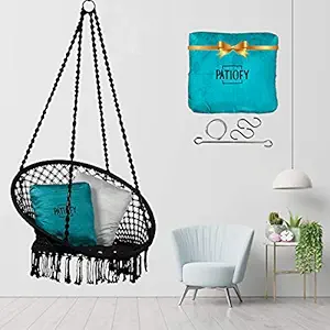 Patiofy Made in India Premium Round Shape Swing Chair Hammock Hanging Cotton Chair with Cushion & Accessories for Indoor & Outdoor/120 Kgs Capacity/Swing Chair with 1 Cushion for Kids & Adults (Black)