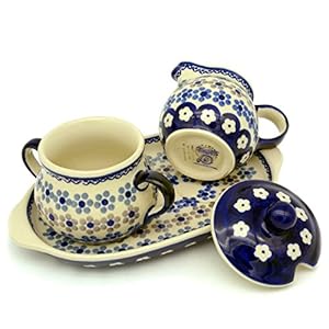 Bunzlauer Keramik Manufaktura Hand-Decorated Polish Pottery Sugar and Creamer Set with Tray Dekor Leonie