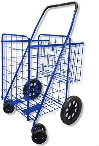 Folding Shopping Cart with front swivel wheels and extra double basket - jumbo size (Blue rubber tires-By perfectbuyz by perfectbuyZ