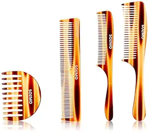 Amazon Brand - Solimo Handmade Brown Set of 4 Combs 1 Long-Handle, 1 Extra-Wide U-Shaped, 1 All-Purpose, 1 Curved-Handle Comb