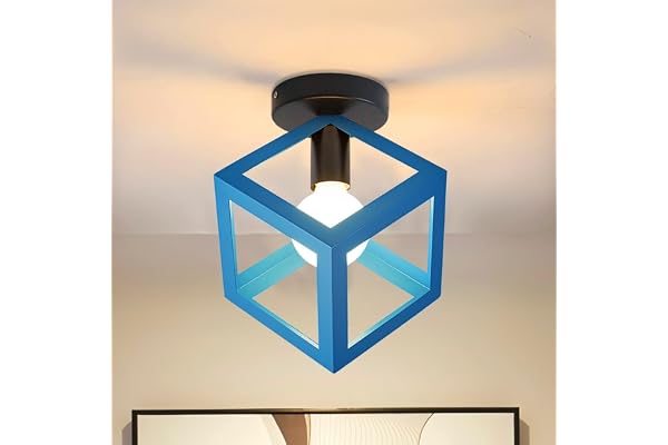 iDEGU Plafonnier Luminaire Moderne Lustre Forme Cage Lampe de Plafon Vintage Abat-jour de Style Géométrique en Métal E27 Éclairage pour Chambre Salon Restaurant, Forme de Cube,16CM, Bleu