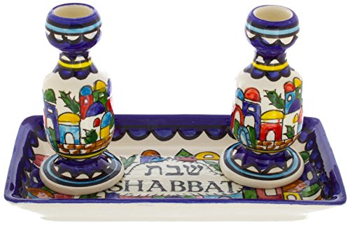 Armenian Ceramic Shabbat Candlesticks with Tray, Old City Scene