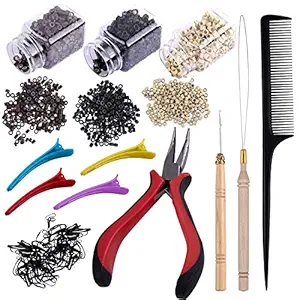 Duufin Hair Extensions Tools Kit 1500 Pcs Micro Ring Beads(Black, Blonde and Brown) 1 Micro Beads Plier 2 Hook Needle Pulling Loop 4 Plastic Alligator Clips 1 Comb and 2 Bags Black Mini Rubber Bands