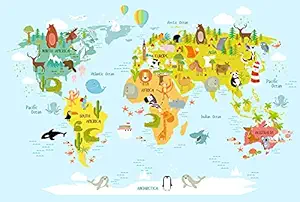 Life N Colors, Cute World Map with Animals for Kids, Wallpaper and Wall Murals for Boys and Girls Room Walls, Self-Adhesive, DIY, Washable (2 feet X 3 feet)