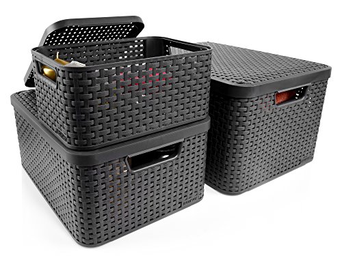 Curver Aufbewahrungsboxen ‚Style‘ im Rattan Design mit Deckel stapelbar | 3 Größen: L, M, S | Modernes Aufbewahrungsbox für Bad, Küche und Haushalt - 2