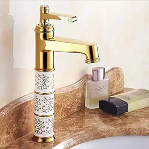 24x7 eMall Brass Flower Mixer Hot and Cold Basin Tap Faucet Sink Mixer Aura Florina (Tall Body 12 Inches, Gold, White)