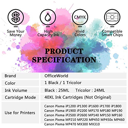 OfficeWorld Remanufacturados Canon PG-40 CL-41 Cartuchos de tinta 1 Negro y 1 Tricolor Compatible con Canon PIXMA iP1200 iP1300 iP1600 iP2200 iP2500 MP140 MP150 MP160 MP170 MP180 MP210 MP220 MP450 MP460 MP470 MX300 MX310 Impresora OfficeWorld Remanufacturados Canon PG-40 CL-41 Cartuchos de tinta 1 Negro y 1 Tricolor Compatible con Canon PIXMA iP1200 iP1300 iP1600 iP2200 iP2500 MP140 MP150 MP160 MP170 MP180 MP210 MP220 MP450 MP460 MP470 MX300 MX310 Impresora