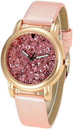 MODIWEN Strap Watches for Women Starry Glitter Dial Fashion Sparkle PU Leather Quartz Watch (Pink)